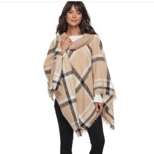 Apt. 9 Tan and Black Plaid Cowl Neck Knit Poncho, One Size, NWT, Minimalist Chic